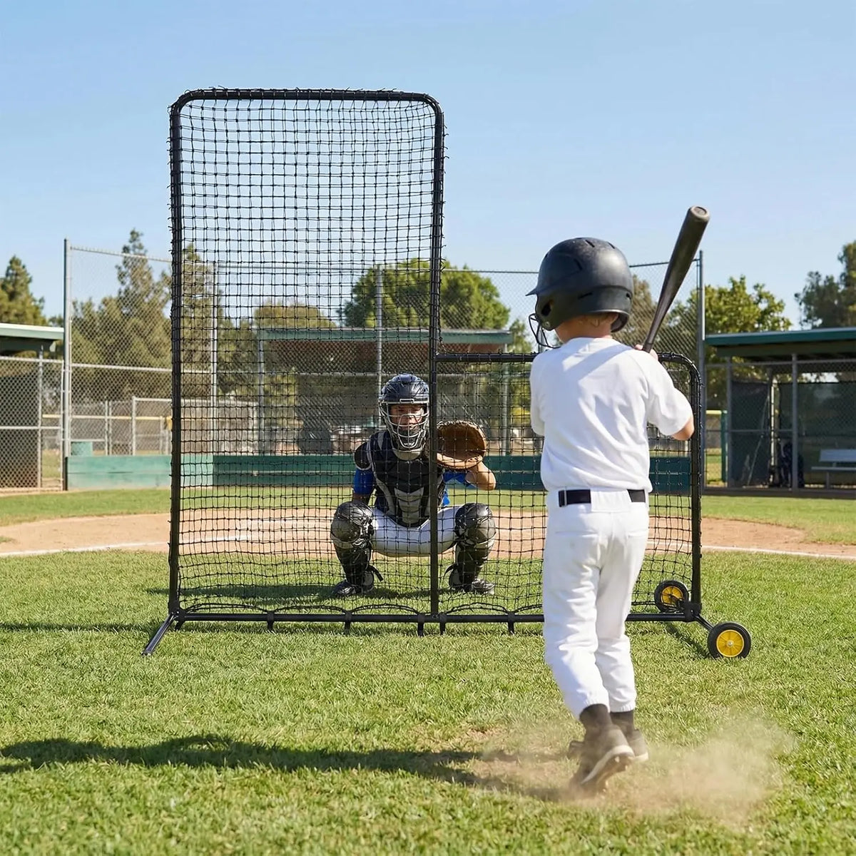 Tacleekii Baseball Pitching L Screen for Batting Cage Protective Practice Net 7x7ft Pitching Screen Baseball Net with Wheels for Pitchers Protection