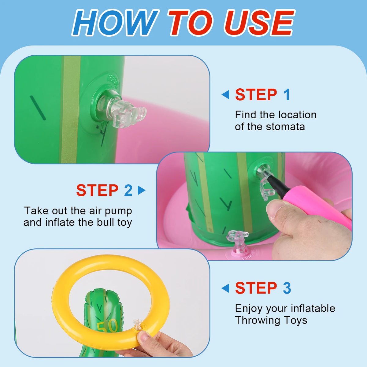 Inflatable Cactus Ring Toss Game with 4 Rings, Portable Outdoor Party Toy for Lawn, Pool, Beach and Camping