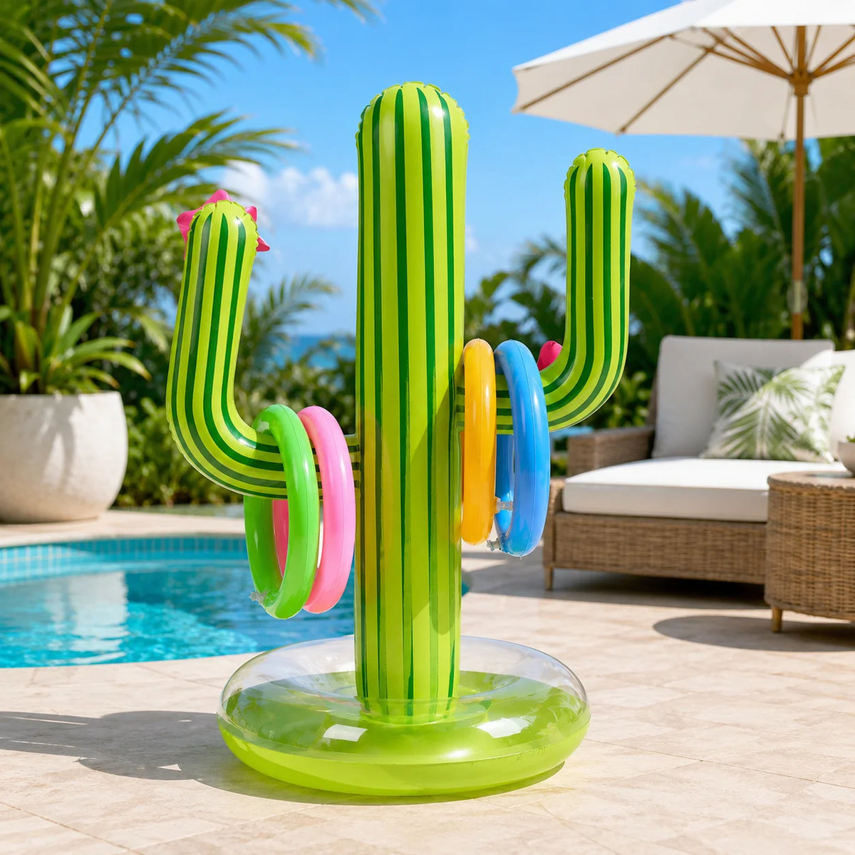 Inflatable Cactus Ring Toss Game with 4 Rings, Portable Outdoor Party Toy for Lawn, Pool, Beach and Camping
