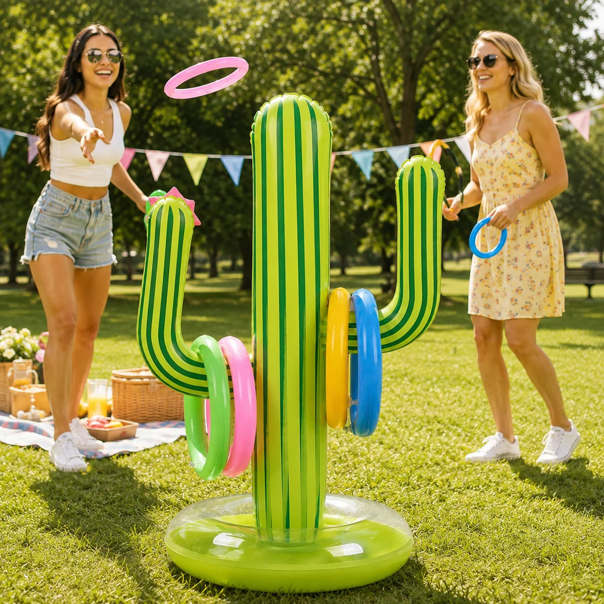 Inflatable Cactus Ring Toss Game with 4 Rings, Portable Outdoor Party Toy for Lawn, Pool, Beach and Camping