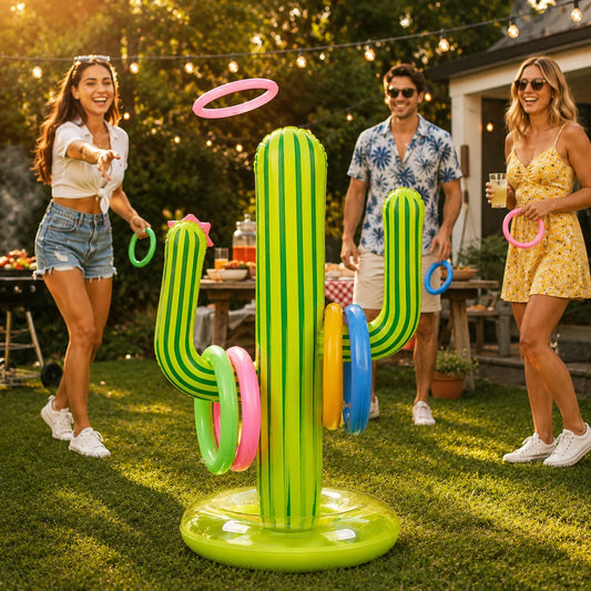 Inflatable Cactus Ring Toss Game with 4 Rings, Portable Outdoor Party Toy for Lawn, Pool, Beach and Camping