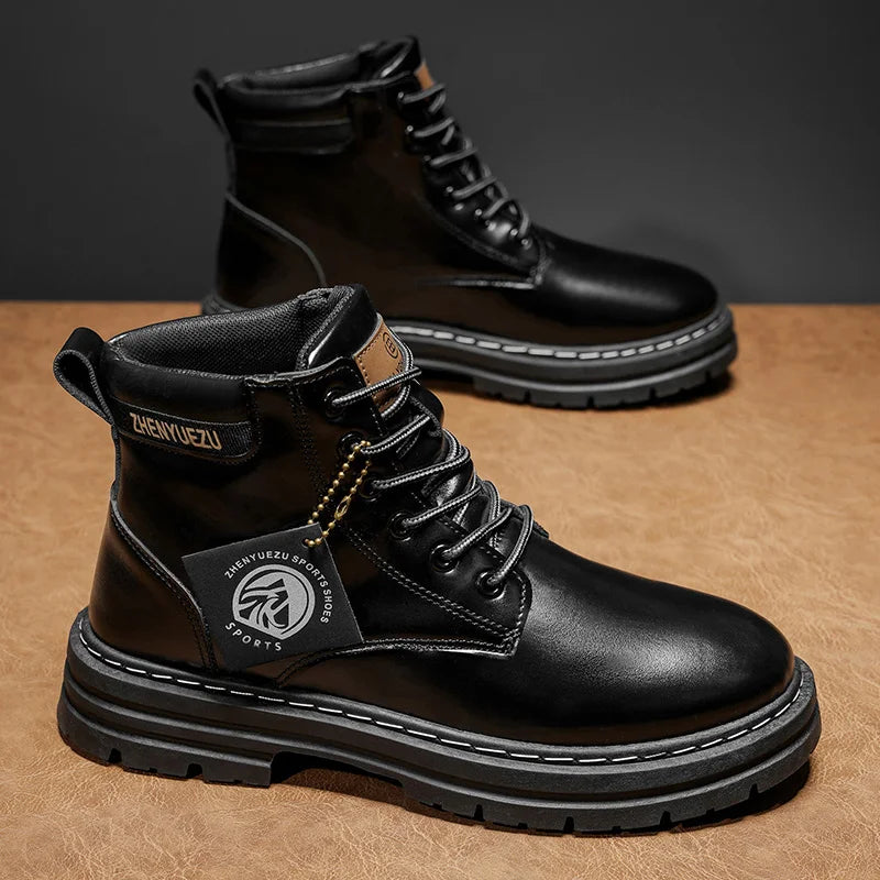 Autumn and Winter Retro Short Boots for Men, Thick-Soled Height-Increasing Non-Slip Short Boots, Thick-Soled Non-Slip and Wear-Resistant, Pu Upper Material, Windproof and Durable 85