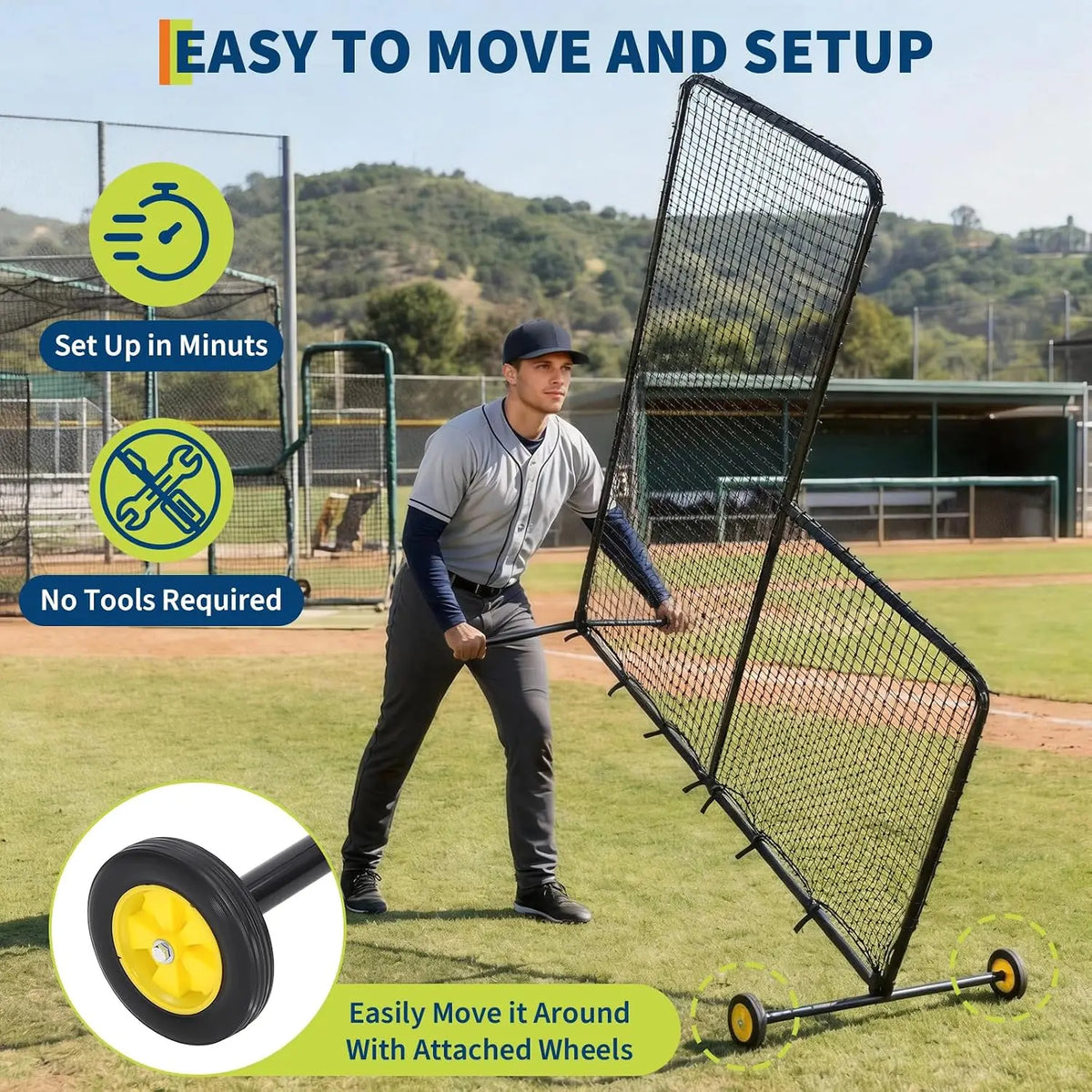 Tacleekii Baseball Pitching L Screen for Batting Cage Protective Practice Net 7x7ft Pitching Screen Baseball Net with Wheels for Pitchers Protection