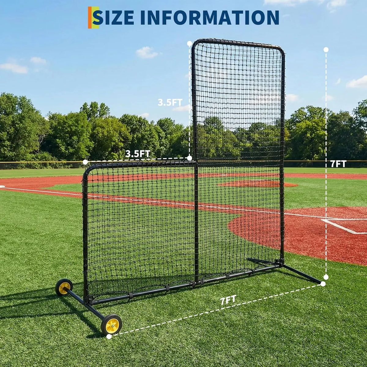 Tacleekii Baseball Pitching L Screen for Batting Cage Protective Practice Net 7x7ft Pitching Screen Baseball Net with Wheels for Pitchers Protection