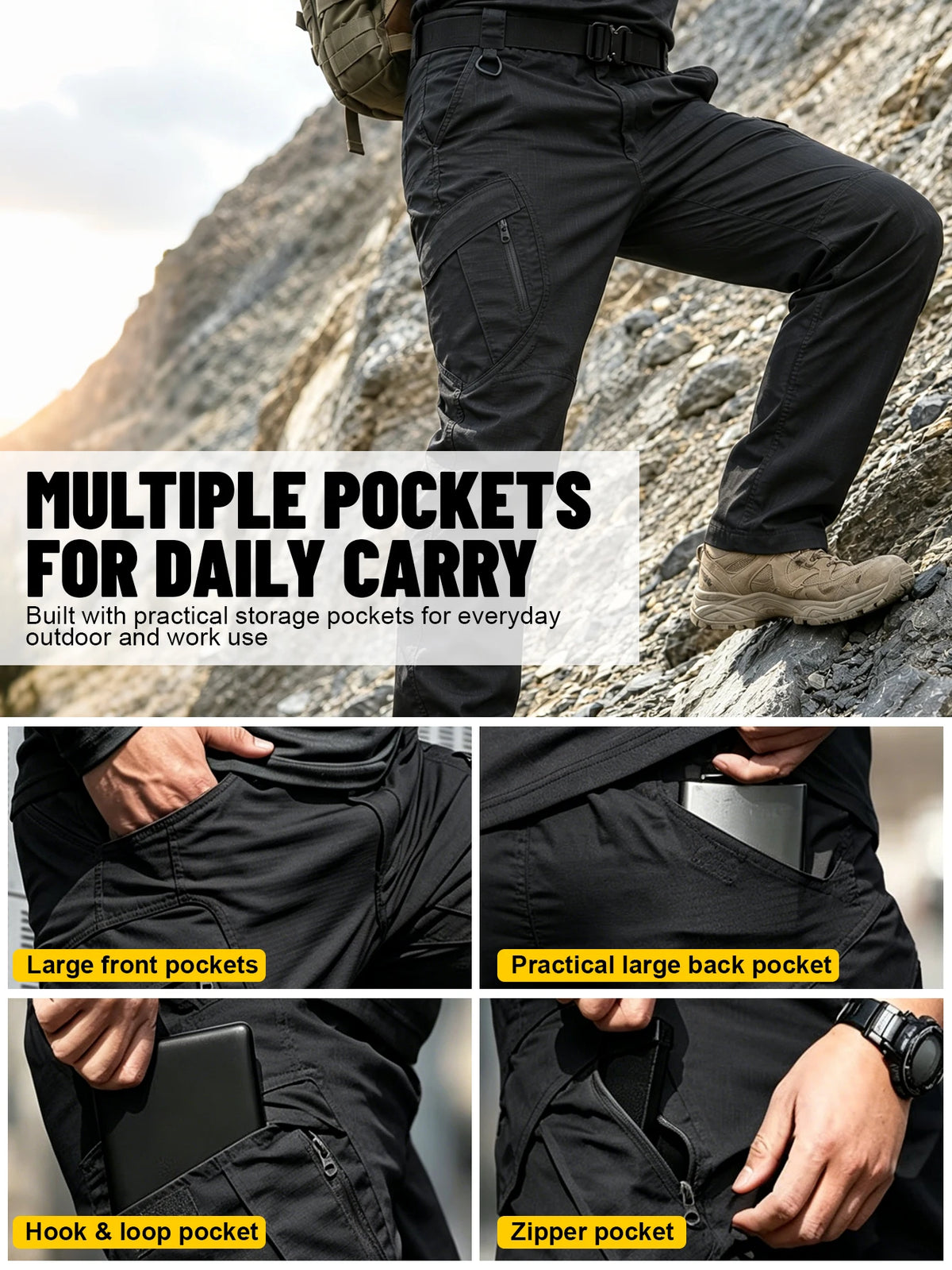 Men's Heavy Duty Tactical Pants Black, Durable Ripstop Cargo Work Pants, Water Resistant Outdoor Hiking Pants, Ships from US