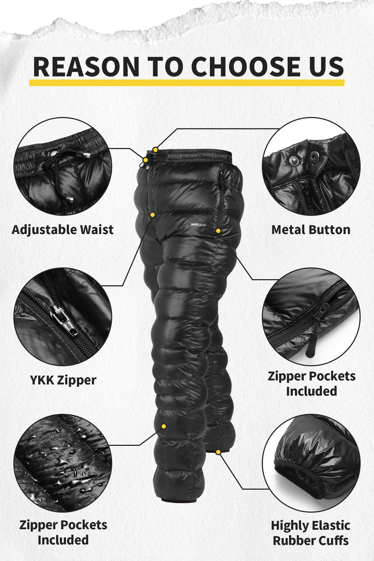 MAPLEAF Down Pants Ultralight Warm Down Trousers 800FP Winter Snow Pants Windproof Waterproof Ski Pants Camping Hiking Trousers