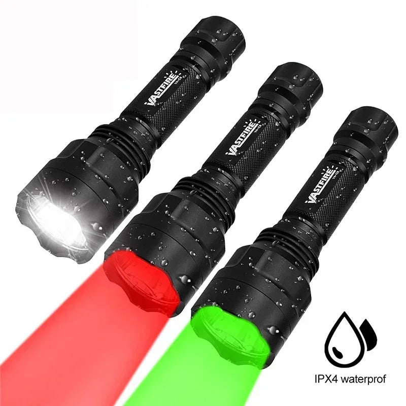 High Power LED Flashlight Set White/Green/Red Light Torch 1 Mode Aluminum Alloy Tactical Lamp for Outdoor Camping Fishing