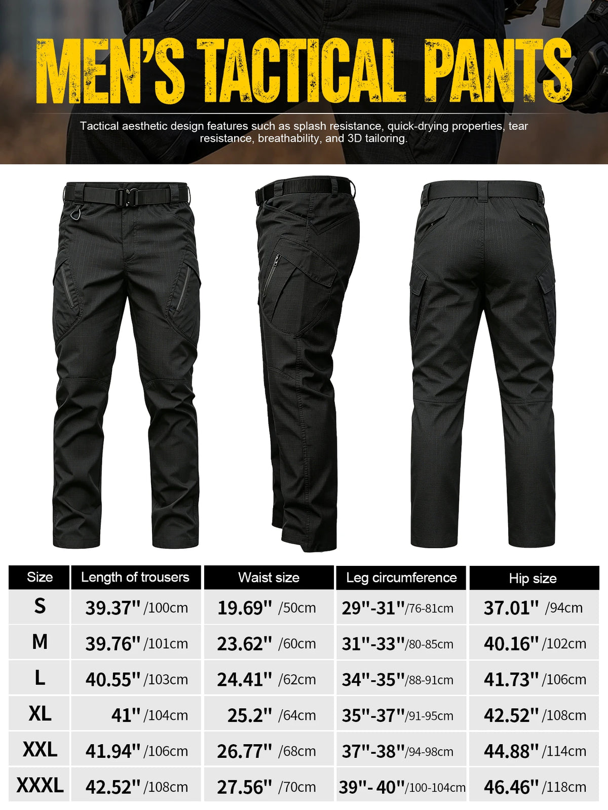 Men's Heavy Duty Tactical Pants Black, Durable Ripstop Cargo Work Pants, Water Resistant Outdoor Hiking Pants, Ships from US