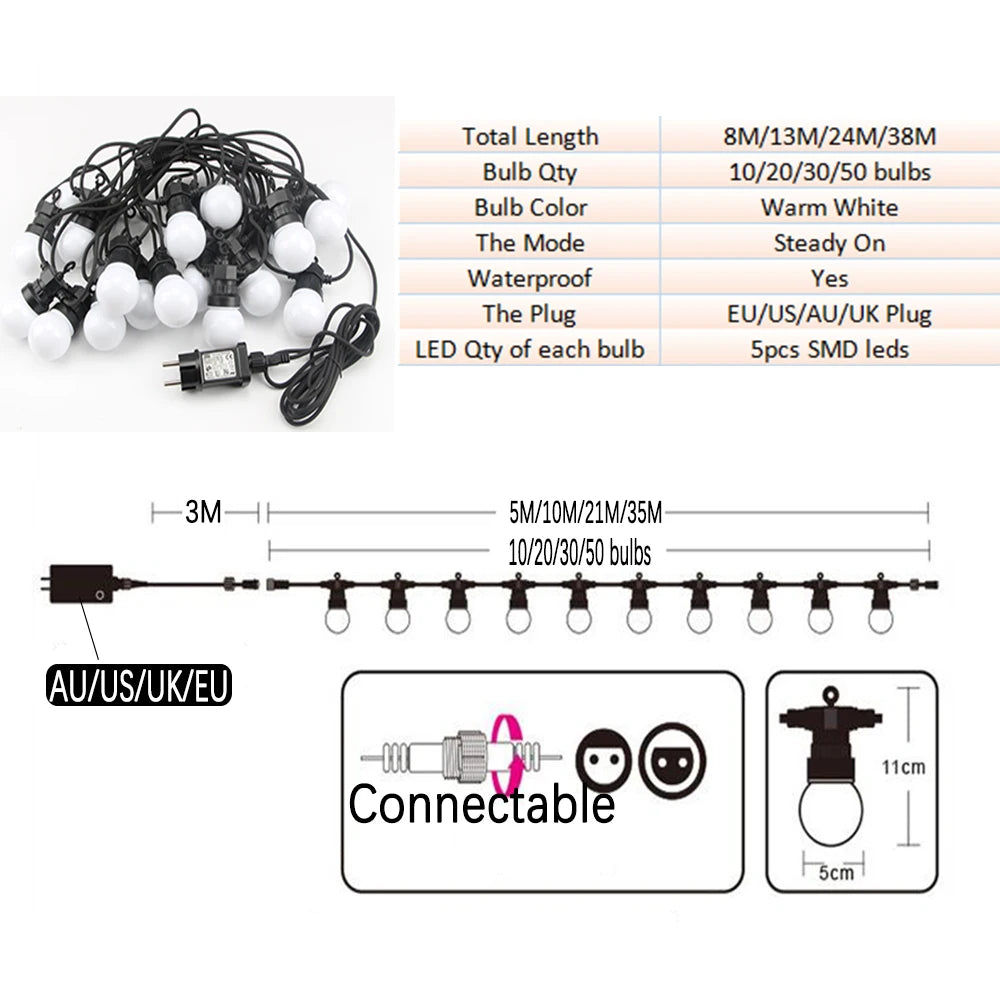 8M/13M/24M/38M LED Globe Ball String Light Street Christmas Fairy Led Festoon Outdoor For Garden Backyard Party Patio Decor