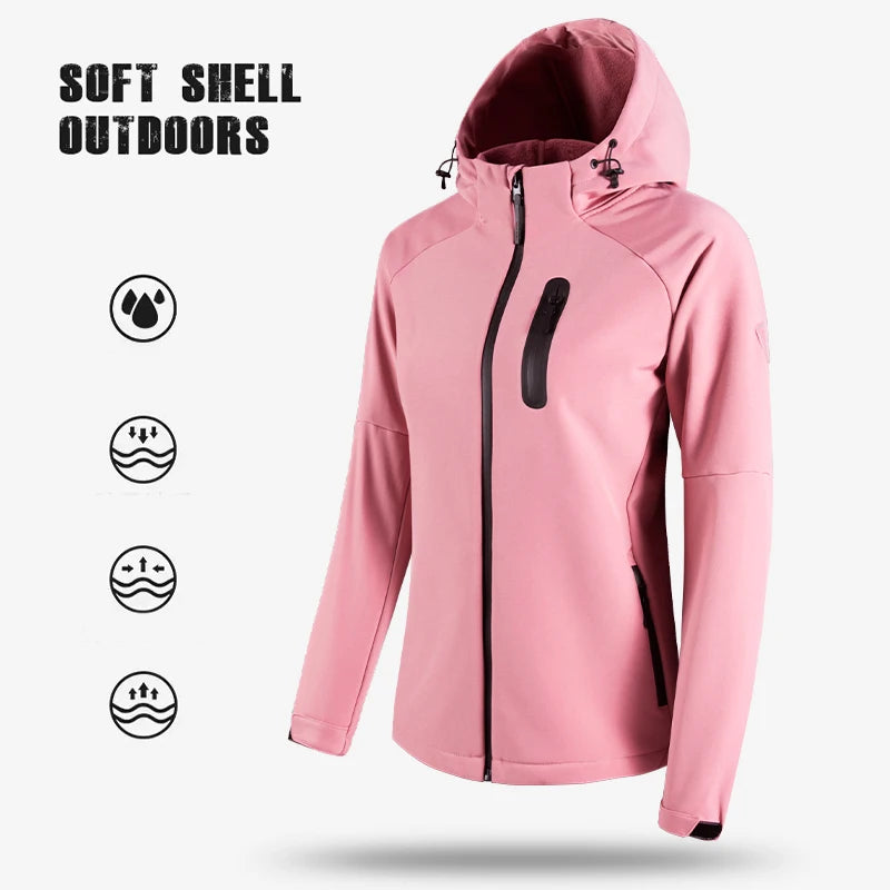 Hooded Softshell Jacket Women Sports Waterproof Jacket Add velvet keep Warm Jacket Outdoor Female Sport Hooded Jacket Windproof