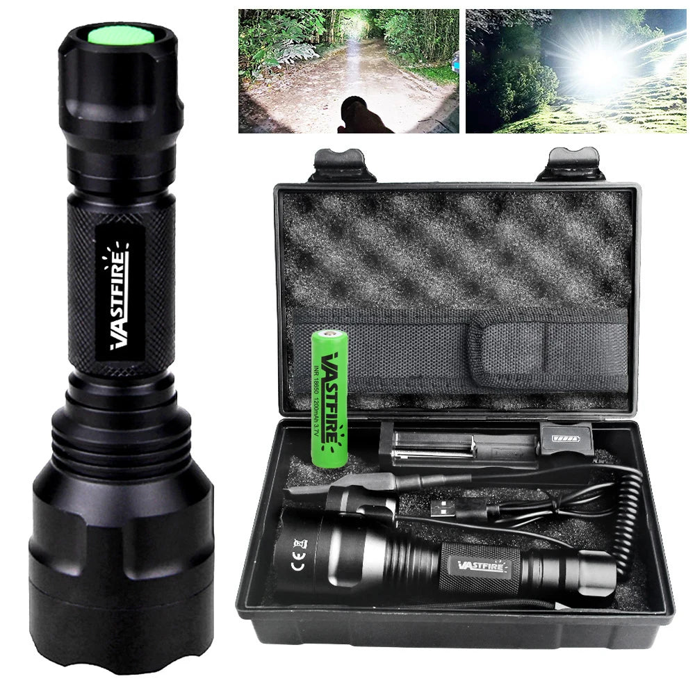 High Power LED Flashlight Set White/Green/Red Light Torch 1 Mode Aluminum Alloy Tactical Lamp for Outdoor Camping Fishing