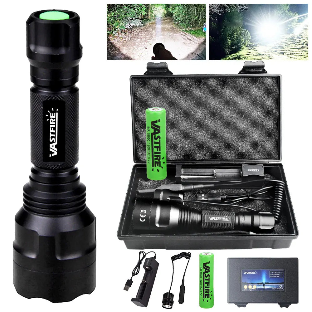 High Power LED Flashlight Set White/Green/Red Light Torch 1 Mode Aluminum Alloy Tactical Lamp for Outdoor Camping Fishing