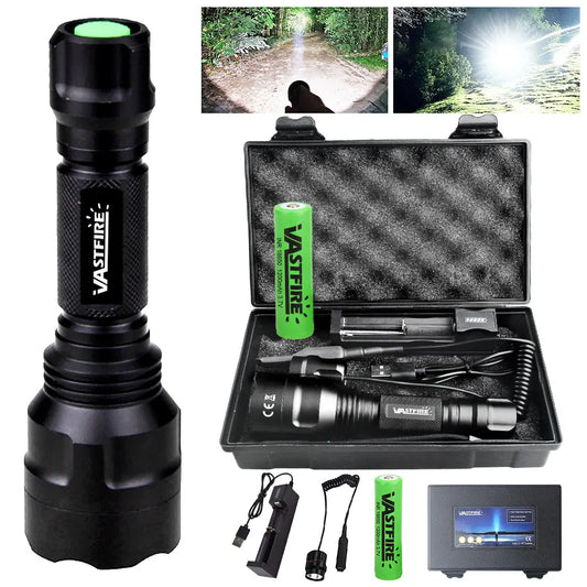 High Power LED Flashlight Set White/Green/Red Light Torch 1 Mode Aluminum Alloy Tactical Lamp for Outdoor Camping Fishing