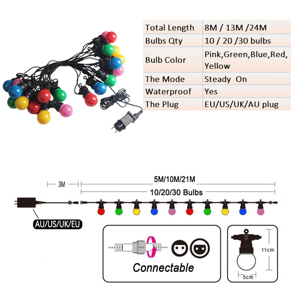 8M/13M/24M/38M LED Globe Ball String Light Street Christmas Fairy Led Festoon Outdoor For Garden Backyard Party Patio Decor
