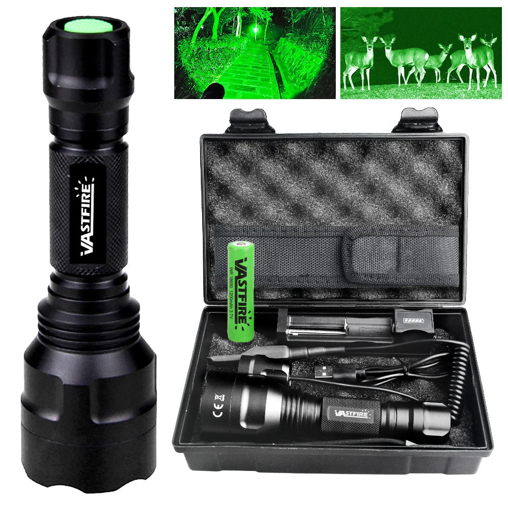 High Power LED Flashlight Set White/Green/Red Light Torch 1 Mode Aluminum Alloy Tactical Lamp for Outdoor Camping Fishing