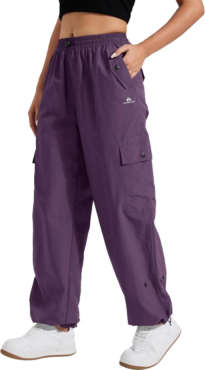 Pioneer Camp Womens Parachute Cargo Pants with Pockets Baggy High Waisted Quick Dry Hiking Pants Lightweight Wide Leg