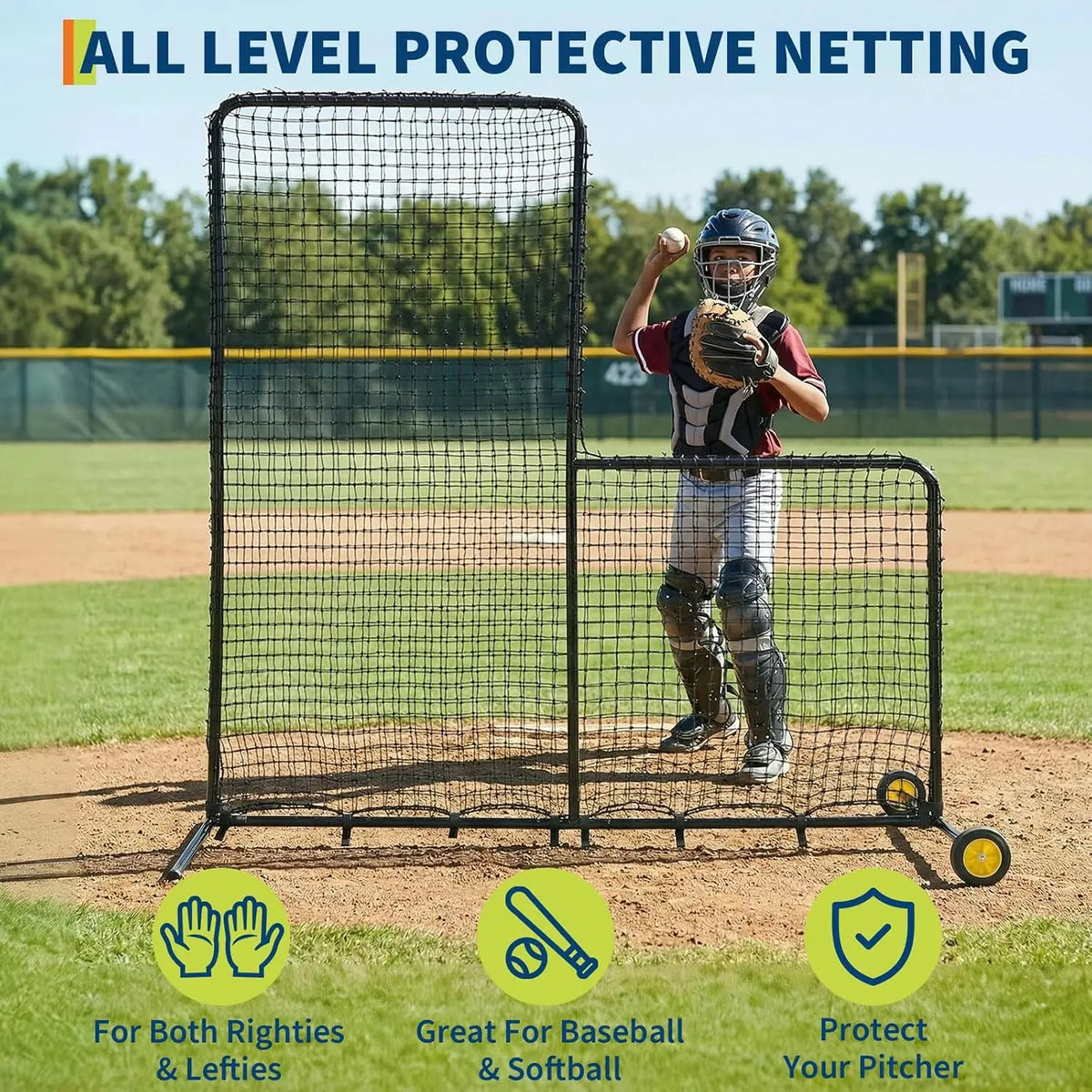 Tacleekii Baseball Pitching L Screen for Batting Cage Protective Practice Net 7x7ft Pitching Screen Baseball Net with Wheels for Pitchers Protection